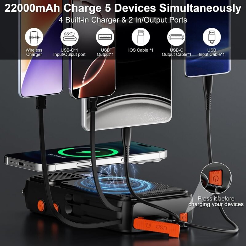 Emergency Radio&22000mAh Solar Power Bank, FM NOAA Weather Radio, Portable Hand Crank Bluetooth Radio, 20W Fast Charge Wireless Phone Charger, SOS Flashlight for Emergency/Home - Image 3