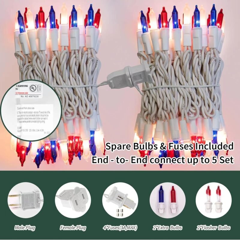 Patriotic String Lights - Red White Blue Mini Lights with White Wire - 19.6Ft 100 Count UL Certified String Lights for Independence Day Patriotic Holidays Decoration (Red, White & Blue) - Image 2