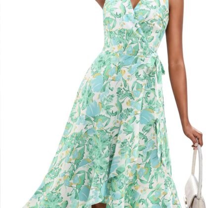 Dressystar Women's Summer Floral V Neck Wrap Boho Dress Sleeveless Ruffle A Line Flowy Beach Casual Midi Dresses
