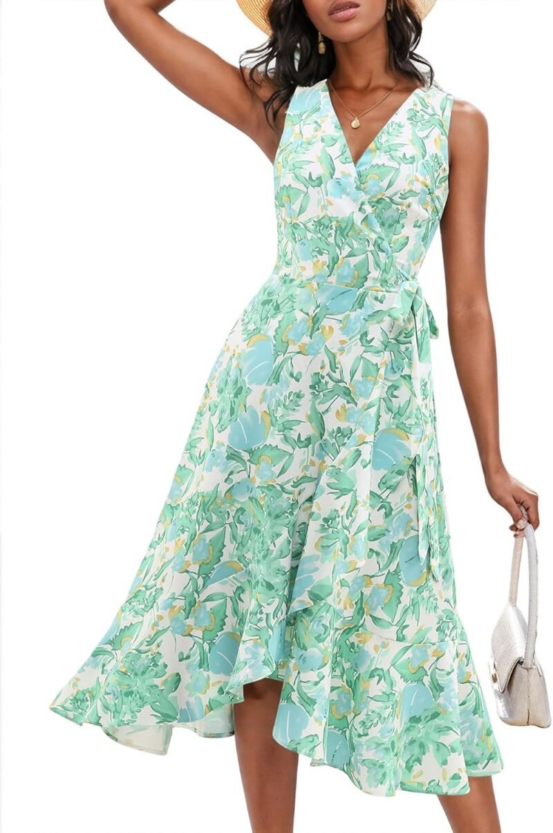 Dressystar Women's Summer Floral V Neck Wrap Boho Dress Sleeveless Ruffle A Line Flowy Beach Casual Midi Dresses