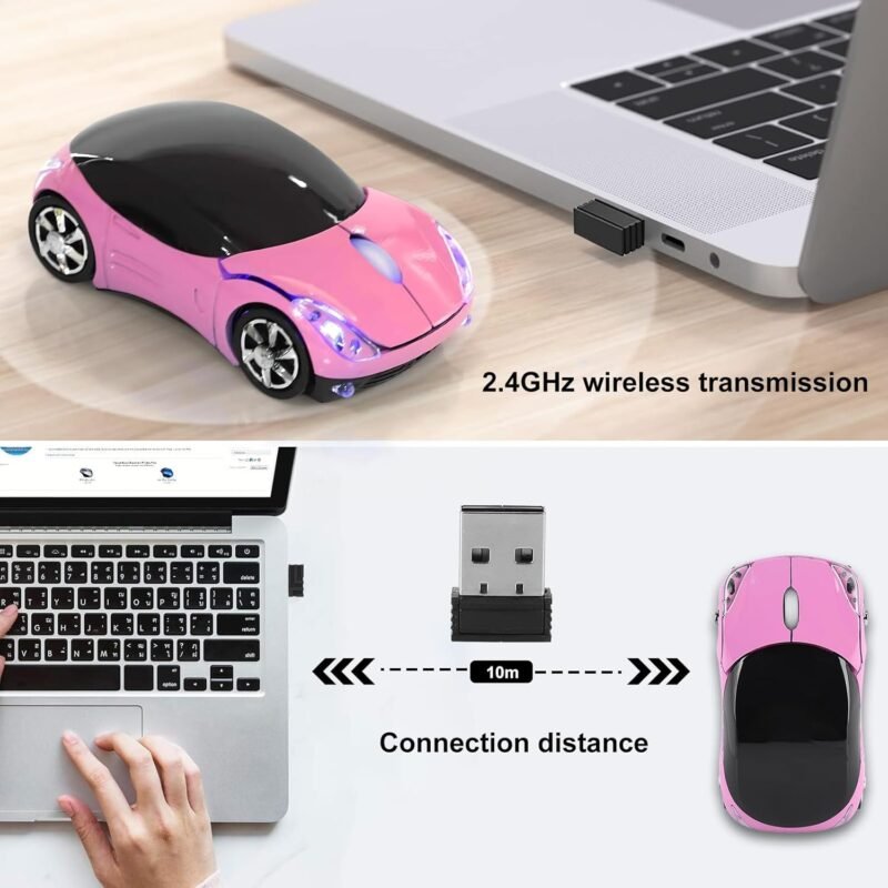 ASHATA 2.4G Car Mouse with USB Reciver 1600DPI Optical Mouse for PC Computer Laptop Tablet, High Cute Mouse for Win XP//Win7/ME/2000/for OS (Pink) - Image 2