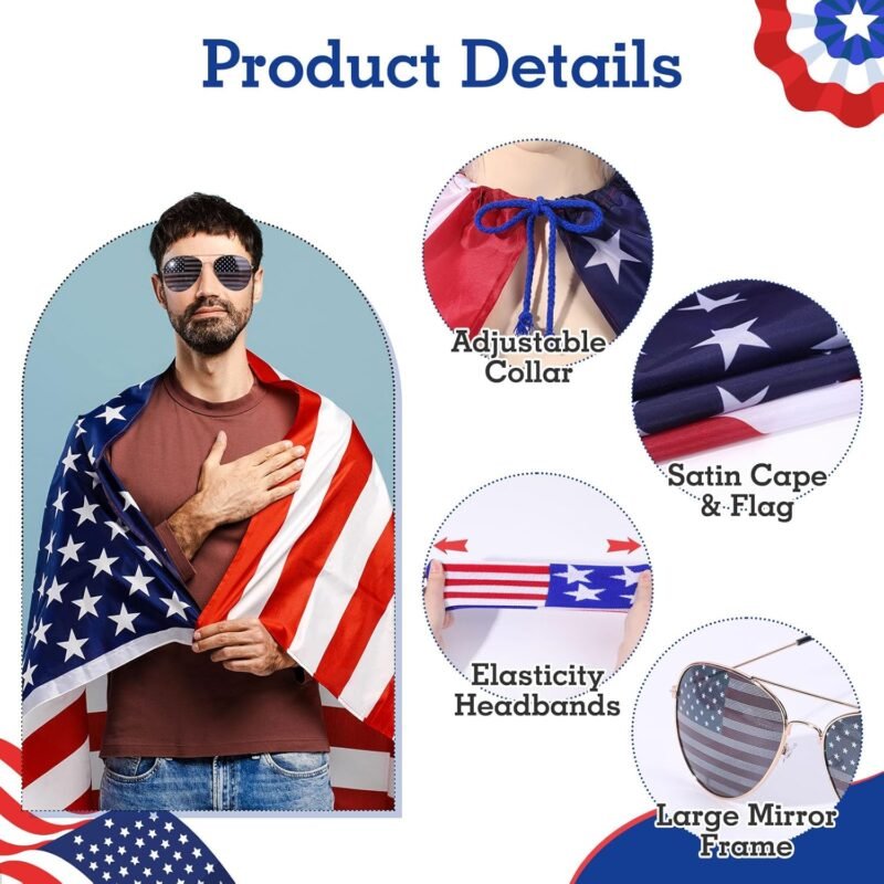 13 PCS 4th of July American Flag Costume Cape for Men Women, Red White and Blue Patriotic USA Flag Cloak Socks Sunglasses Accessories Set for Independence Day Celebration Halloween Party - Image 3