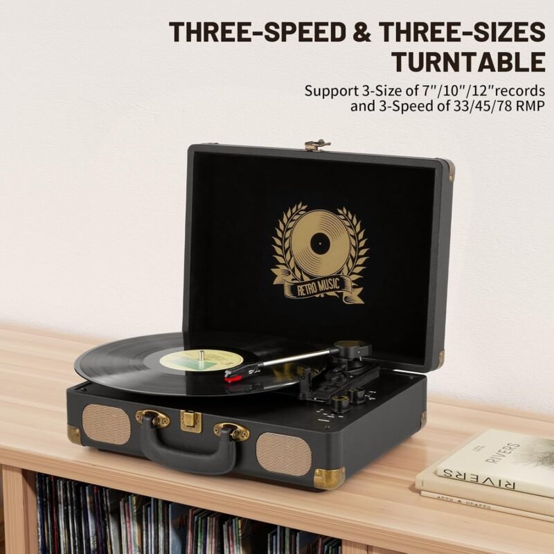 Vinyl Record Player Bluetooth 3-Speed Portable Vintage Suitcase with Built-in Speakers, RCA Line Out AUX in Headphone Jack Vintage Turntable, Black - Image 7