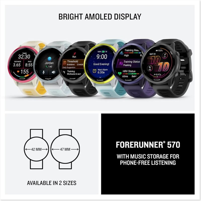 Garmin® Forerunner® 570, 42mm, Advanced GPS Running and Triathlon Smartwatch, AMOLED Display, Training and Recovery Features, Slate Gray Aluminum with Translucent Black/Black Band - Image 7