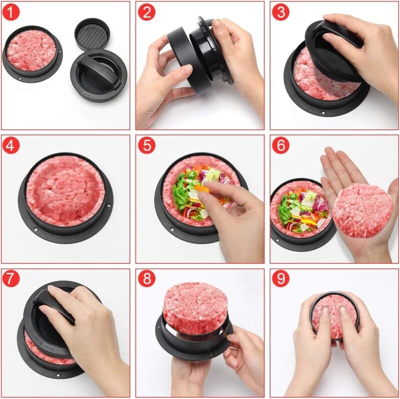 Luxiv 3 in 1 Burger Press, Hamburger Patty Maker Stuffed Burgers Press with 100p Hamburger Paper for BBQ Non-Stick Sliders Beef Hamburger Push (Black) - Image 3