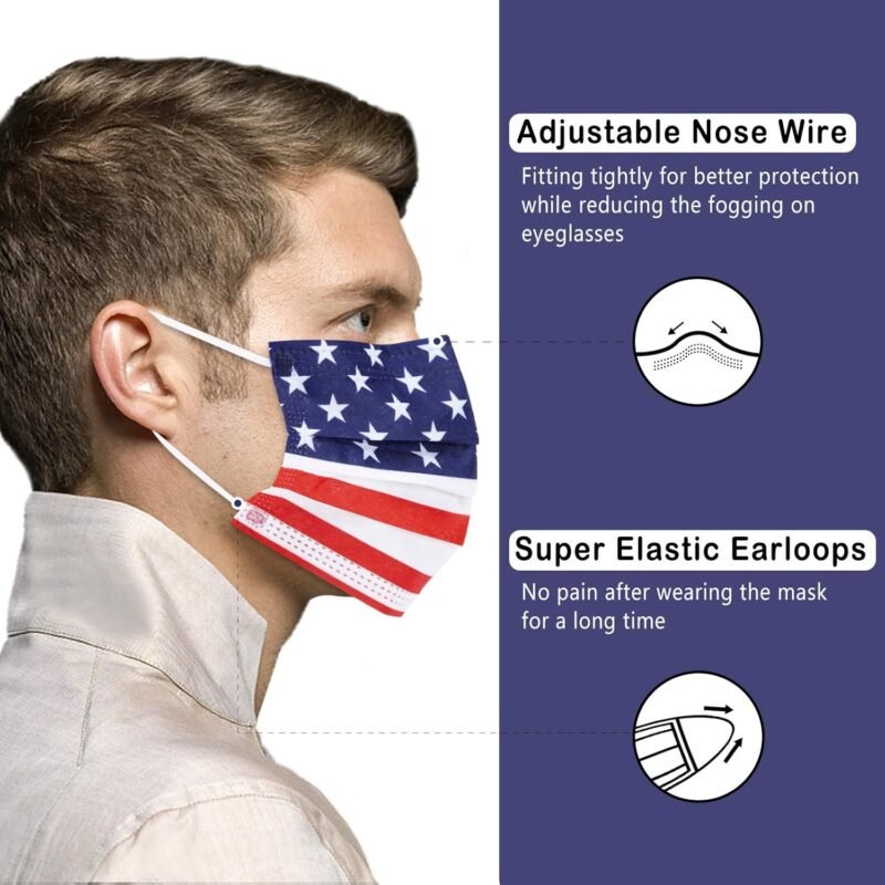 Borje Disposable Face Masks with Designs Patriotic Cute Face Mask 3 Ply USA Flag Print 50 Pcs - Image 3