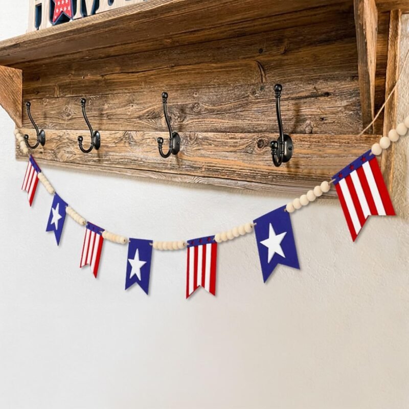5.1 FT 4th of July Patriotic American Flag Wood Bead Garland Banner - Independence Day Decorations for Fireplace Mantle, Red White Blue Decor for Memorial Day, Veterans Day & Party Supplies - Image 7