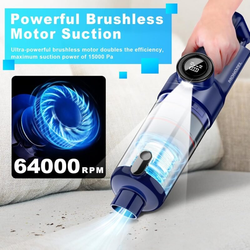 Handheld Vacuum Cordless - Car Vacuum Cleaner with Brushless Motor, 15000Pa Powerful Suction with LED Light, Type C Cable, 2 Fliters, Portable Hand Vacuum for Home, Car, and Office - Image 2