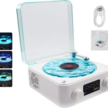 AVIF Wave Vinyl Bluetooth Speaker with Adjustable Ambient Lights,Music Player with 4 Modes,Vintage Record Model Players with Time,Small Record Player for Room Desk,Waves Speaker (White)