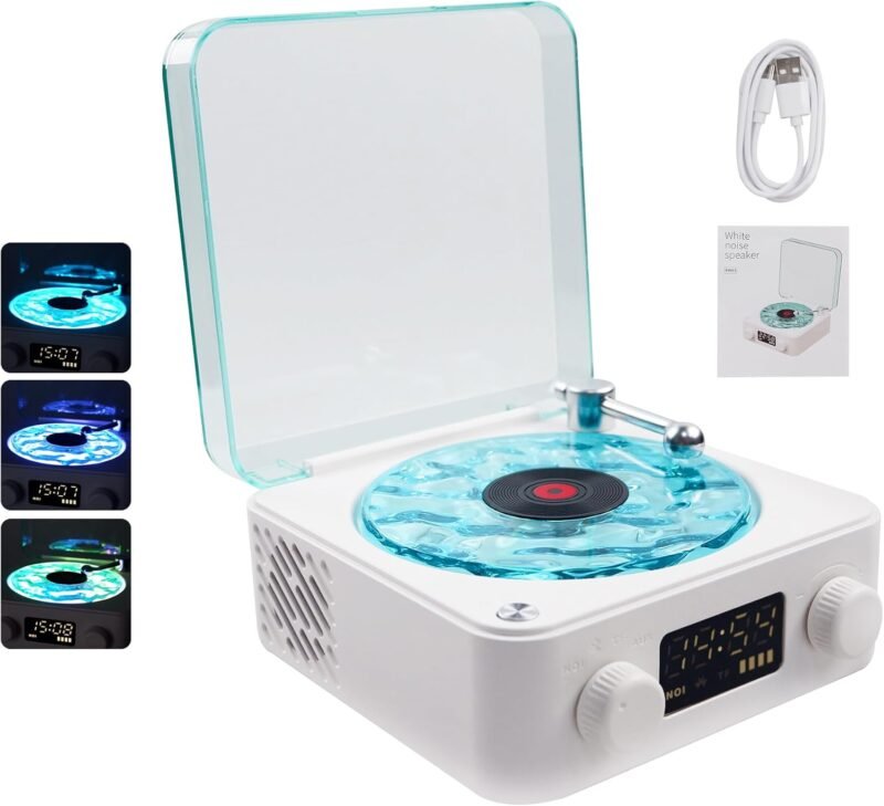 AVIF Wave Vinyl Bluetooth Speaker with Adjustable Ambient Lights,Music Player with 4 Modes,Vintage Record Model Players with Time,Small Record Player for Room Desk,Waves Speaker (White)