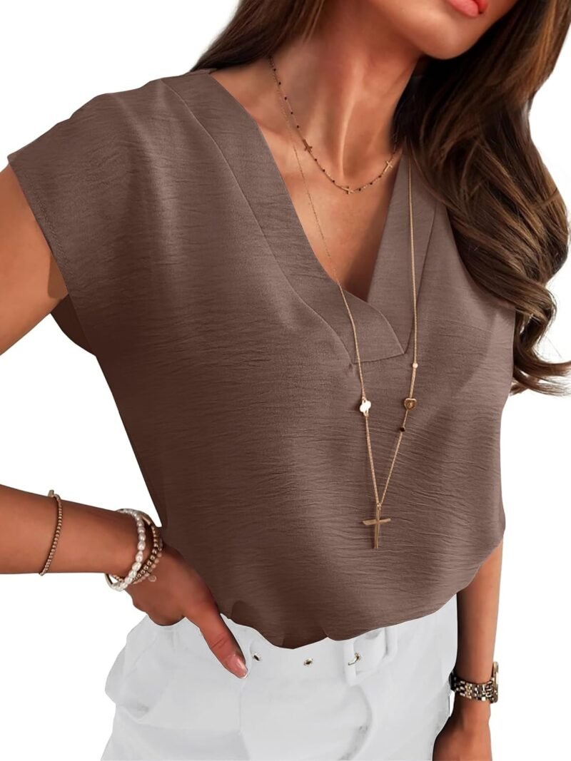 ANRABESS Women Tops Cap Sleeve Textured Dressy Casual V Neck Shirts 2025 Summer Business Work Blouses Outfits