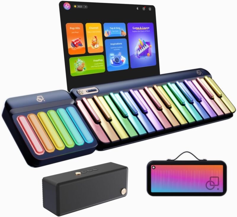 29-Key(Expandable to 88-Key) Smart Piano Keyboard with Speaker, Rainbow Lighting Keys, Beginner Lessons, 256 Tones, 100+ Chords, Sustain Pedal Jack, and Electric Keyboard Piano Audio Input