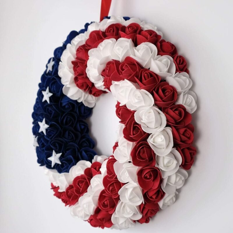 idyllic July 4th Wreath Patriotic Americana Wreath Boxwood Handcrafted Memorial Day Wreath Festival Garland Decoration Front Door Wall Home Decor (Blue) - Image 4
