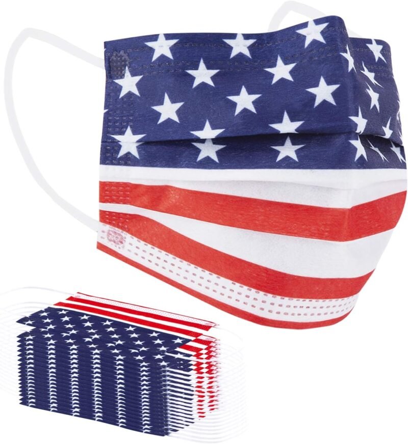 Borje Disposable Face Masks with Designs Patriotic Cute Face Mask 3 Ply USA Flag Print 50 Pcs