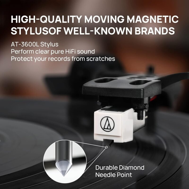 Turntable Record Player with Built-in Speakers, Vinyl Record Player Support Bluetooth Playback Auto Stop 33&45 RPM Speed RCA Line Out AUX in All-in-one Belt-Drive Turntable for Vinyl Records - Image 3
