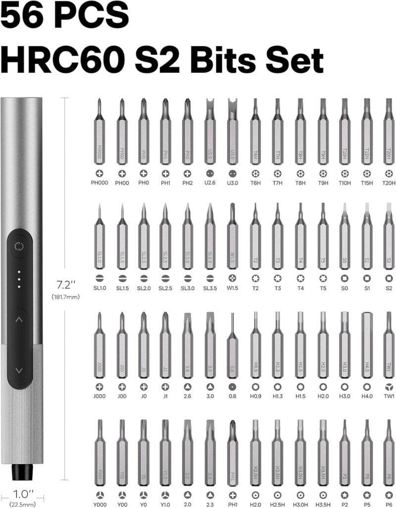 HOTO SNAPBLOQ™ S-A01 3.7V Electric Screwdriver Set with 56 Bits & 3 Torque Settings, Precision Mini Screwdriver, 250RPM, Brighter LED Light, Repair Tool Kit for Electronics, Phone, Laptop, DIY - Image 7