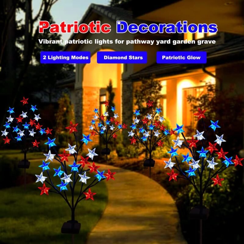 2 Packs Solar 4th of July Decorations Outdoor Lights, Solar Red White and Blue Star Pathway Lights, Waterproof Outdoor Patriotic Decorations Lights for July 4th Memorial Day Garden Yard Pathway Grave - Image 4