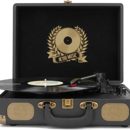 Vinyl Record Player Bluetooth 3-Speed Portable Vintage Suitcase with Built-in Speakers, RCA Line Out AUX in Headphone Jack Vintage Turntable, Black