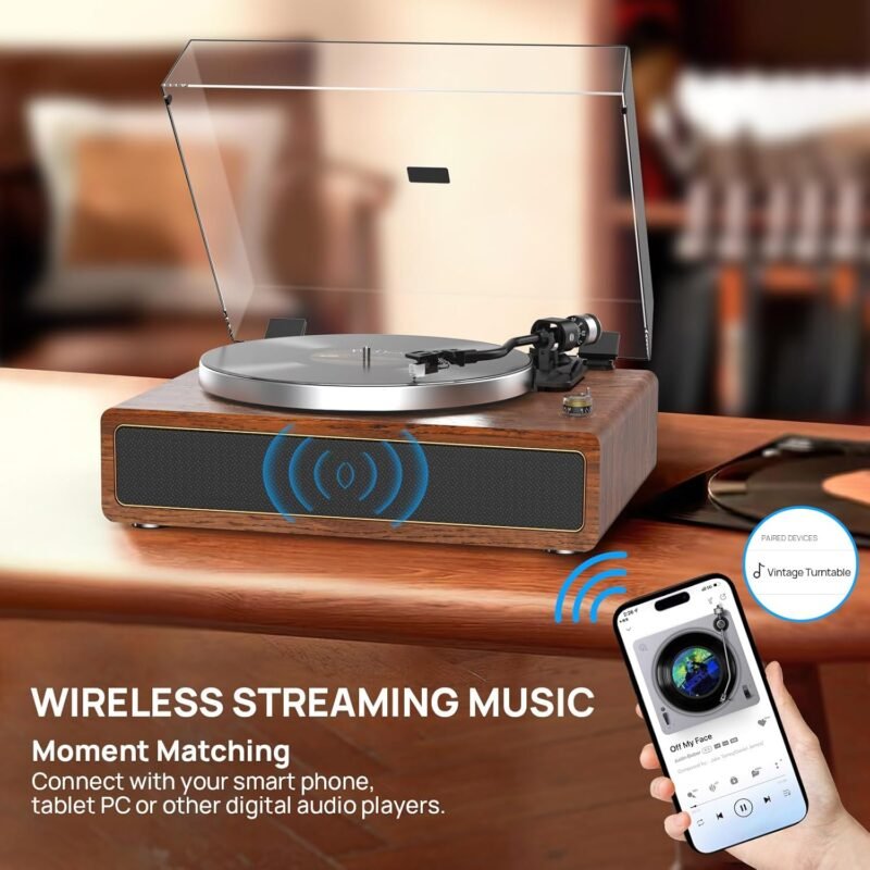 Turntable Record Player with Built-in Speakers, Vinyl Record Player Support Bluetooth Playback Auto Stop 33&45 RPM Speed RCA Line Out AUX in All-in-one Belt-Drive Turntable for Vinyl Records - Image 4