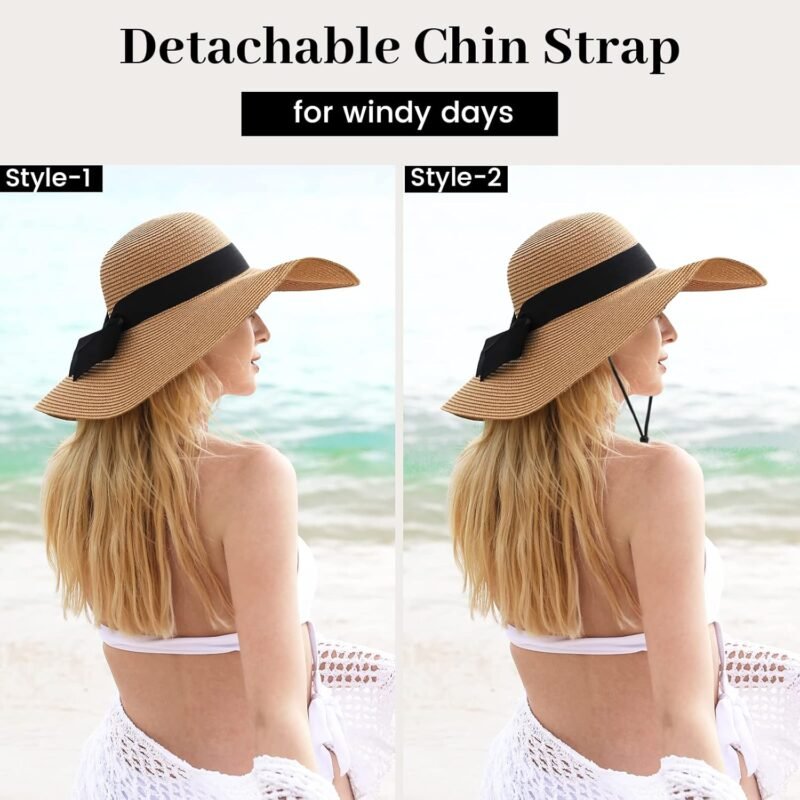 Beach Sun Straw Hats for Women, UPF 50+ UV Sun Protection Wide Brim Summer Straw Hat Foldable Packable Roll up Cap - Image 5
