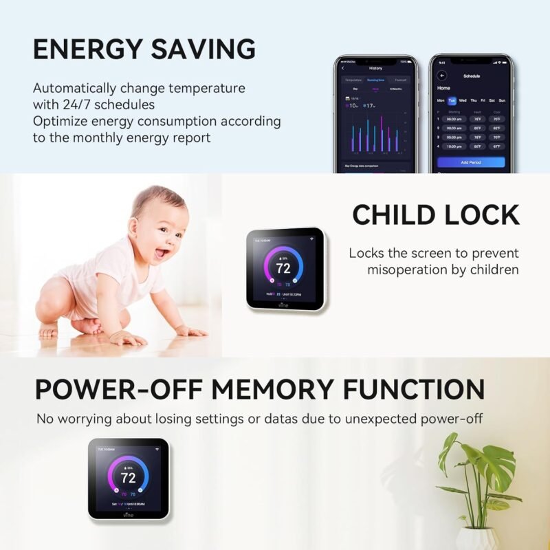 vine Smart Thermostat Larger Color Screen Thermostats for Home Heat and AC, 7 Day Programmable WiFi Thermostat App Control Compatible with Alexa and Google Assistant, C-Wire Required - Image 6