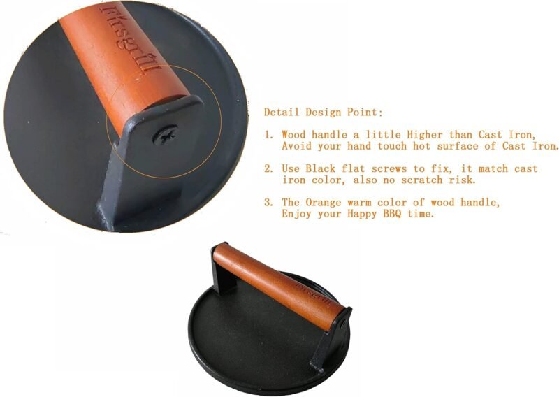Burger Press 7.08" Round,Heavy-Duty Cast Iron Smash Burger Press Meat Steak With Wood Handle for Blackstone Camp chef Pitboss Weber Griddle Grills(Round) - Image 2