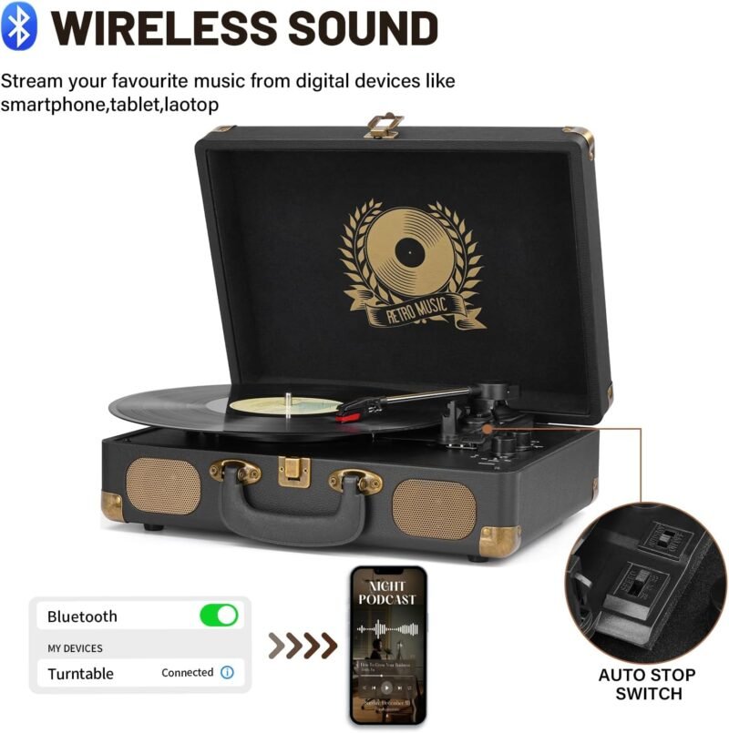 Vinyl Record Player Bluetooth 3-Speed Portable Vintage Suitcase with Built-in Speakers, RCA Line Out AUX in Headphone Jack Vintage Turntable, Black - Image 5