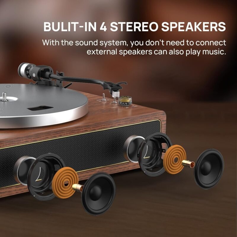 Turntable Record Player with Built-in Speakers, Vinyl Record Player Support Bluetooth Playback Auto Stop 33&45 RPM Speed RCA Line Out AUX in All-in-one Belt-Drive Turntable for Vinyl Records - Image 2