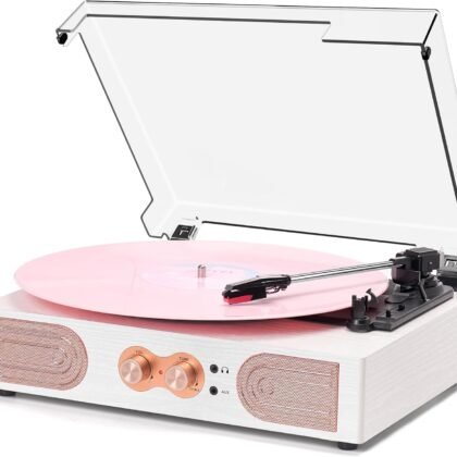 Vinyl Record Player with Built-in Speakers 3-Speed Vintage Record Player Support Treble& Bass Control, 3.5mm Headphone Jack, RCA-Out/Aux in, Belt-Driven LP Turntable,White Rose Gold