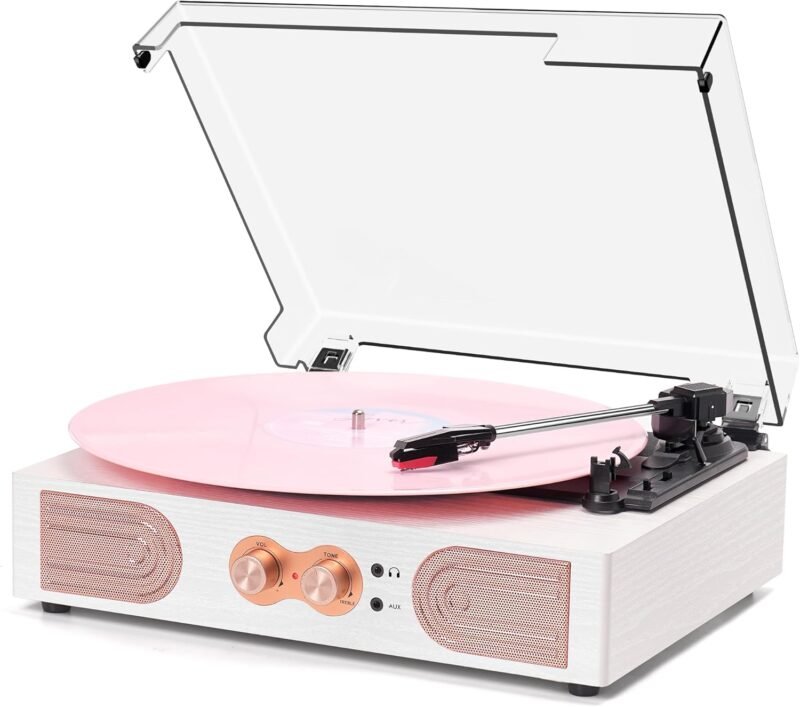 Vinyl Record Player with Built-in Speakers 3-Speed Vintage Record Player Support Treble& Bass Control, 3.5mm Headphone Jack, RCA-Out/Aux in, Belt-Driven LP Turntable,White Rose Gold
