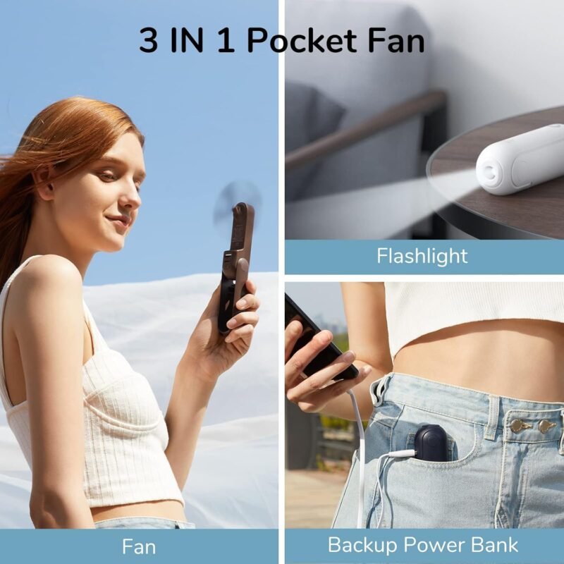 JISULIFE Handheld Mini Fan, 3 IN 1 USB Rechargeable Portable Fan [12-19 Working Hours] with Power Bank, Flashlight, Pocket Design for Travel/Summer/Concerts/Lash, Gifts for Women (Dark Blue) - Image 2