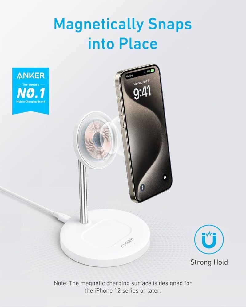 Anker iPhone 16 Wireless Charging Stand, PowerWave 2-in-1 Magnetic Stand Lite with USB-C Cable, For iPhone 16/15/14/13 Series, AirPods (No AC Adapter) - Image 2