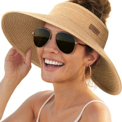 FURTALK Sun Hats for Women Wide Brim Beach Hat Straw Visor Ponytail Summer UV Packable Foldable Beach Vacation Essentials