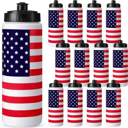 Sliner 12 Pcs 4th of July Water Bottles Bulk 20 oz Independence Day Reusable Squeeze Sports Water Bottles with No Leak Cap Patriotic Plastic Gym for Quick and Easy Hydration