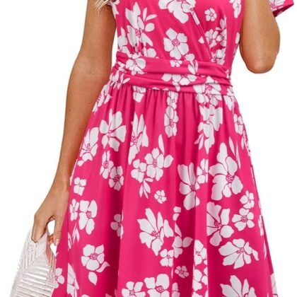Newshows Womens Summer Short Sleeve Casual Dresses V Neck Floral Vacation Sundress Faux Wrap Midi Dress with Pockets
