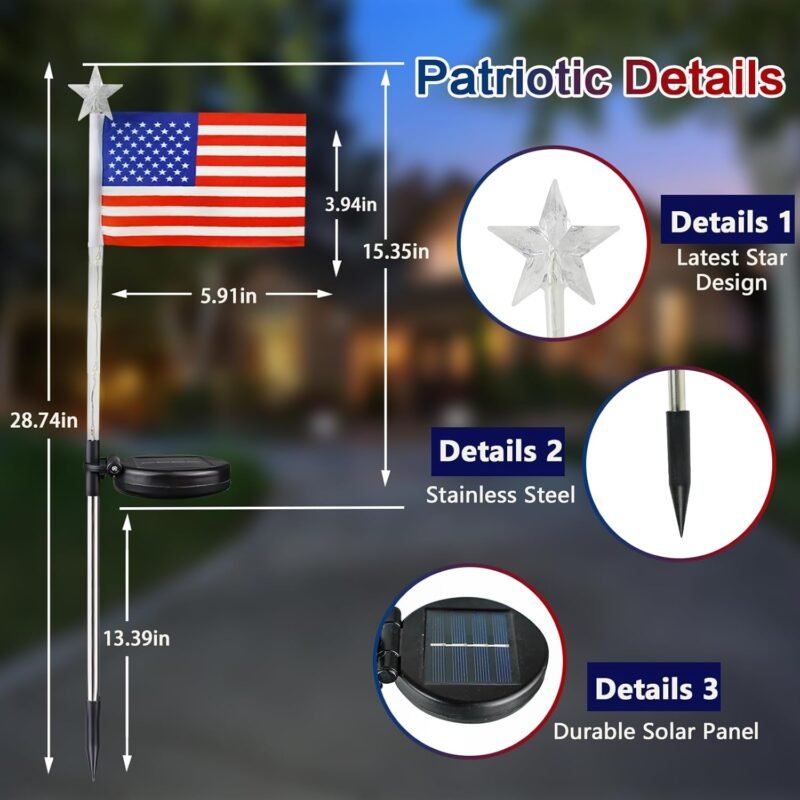 6 Pack 4th of July Decorations Outdoor Solar Lights, Red White and Blue Star Lights for National Day with American Flag, 2 Modes Waterproof Patriotic Light for Independence Memory Day Garden Yard Path - Image 3