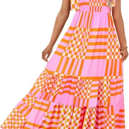 Women's Summer Maxi Dress Boho Spaghetti Straps Casual Long A-line Smocked Beach Dress Square Neck Flowy Sun Dress