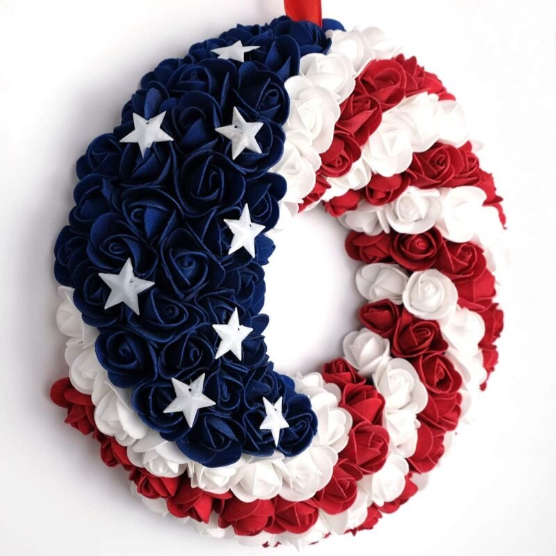 idyllic July 4th Wreath Patriotic Americana Wreath Boxwood Handcrafted Memorial Day Wreath Festival Garland Decoration Front Door Wall Home Decor (Blue) - Image 3