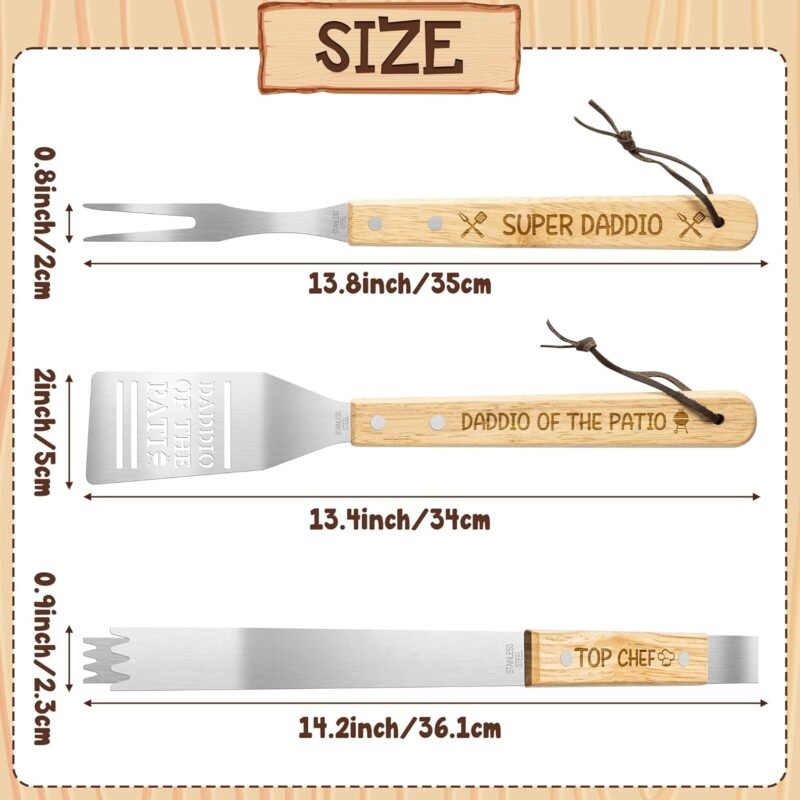 Haooryx Father's Day Grill Tools - 3Pcs Super Daddio Stainless Steel Grill Accessories Kit Tong Fork Spatula Top Chef Best Papa Dad Birthday Gift Outdoor BBQ Barbecue Camping Party Daddio Of The Patio - Image 2