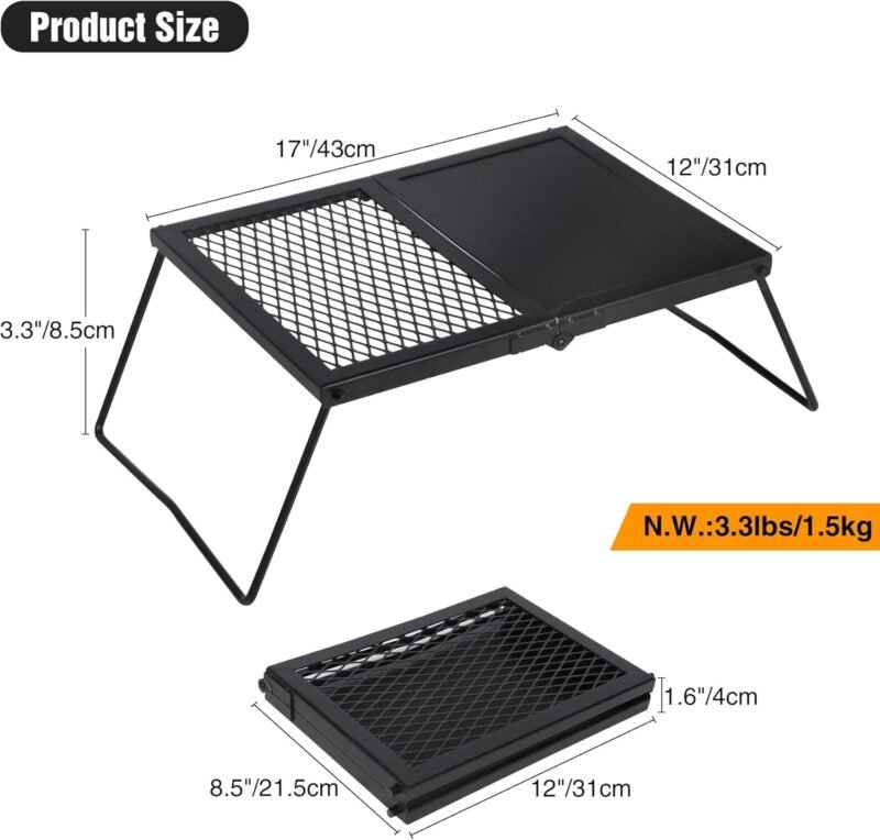 Lineslife 17'' Folding Campfire Grill Grate and Griddle, Portable Heavy Duty Steel Fire Pit Cooking Grill Grate, Camp Fire Cooking Equipment for Outdoor BBQ Picnic, Black - Image 2