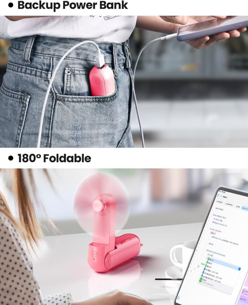 GAIATOP Portable Handheld Fan, 3 IN 1 Mini Foldable Travel Fans [17H Max Cooling Time] with Power Bank, Pocket Design USB Rechargeable for Travel Concert Lash Makeup, Summer Gifts for Women Girl, Rose - Image 3