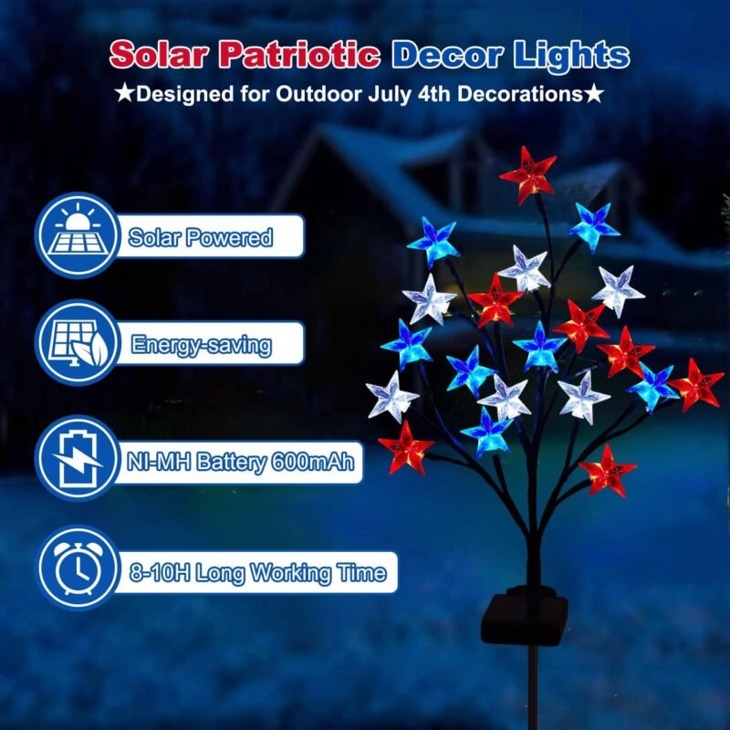 2 Packs Solar 4th of July Decorations Outdoor Lights, Solar Red White and Blue Star Pathway Lights, Waterproof Outdoor Patriotic Decorations Lights for July 4th Memorial Day Garden Yard Pathway Grave - Image 2