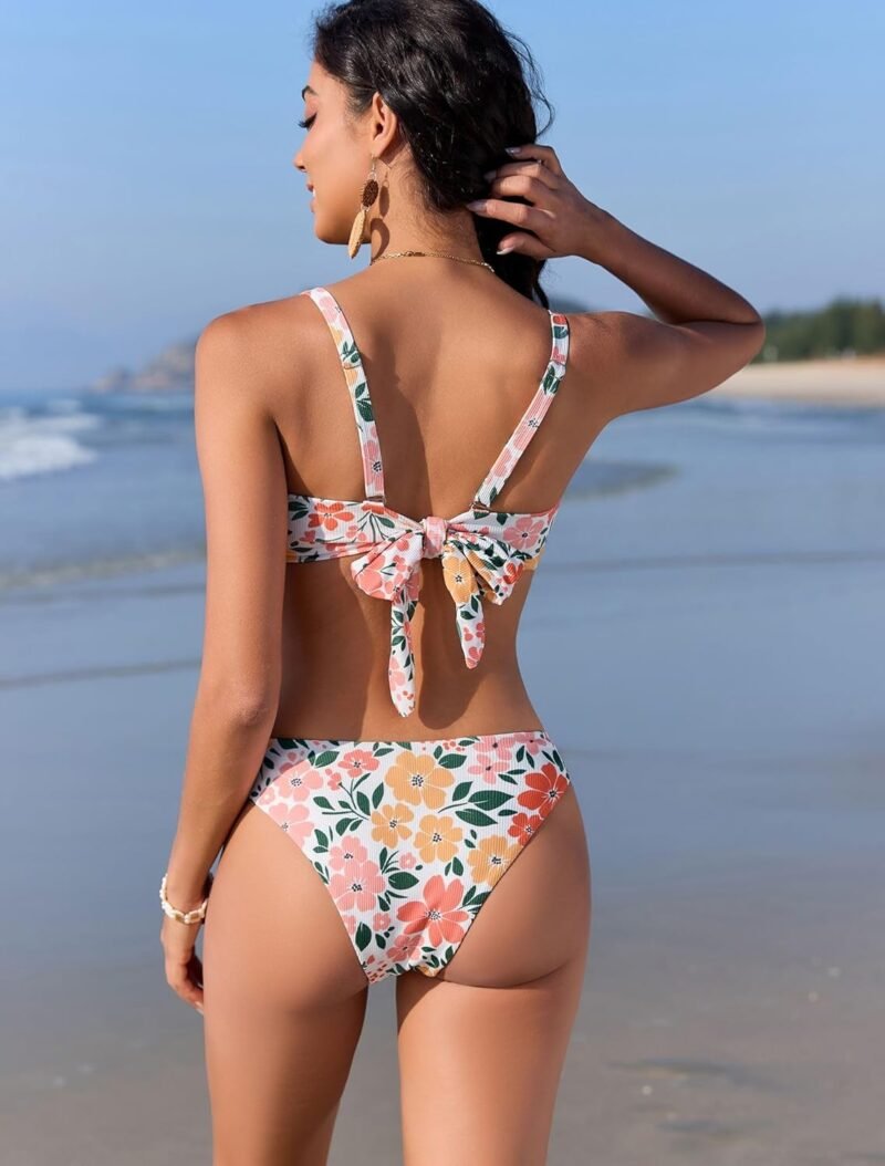 ZAFUL Women's Ribbed Underwire Bikini Set High Cut Colorblock V Notch Swimwear Printed High Leg Swimsuit - Image 5
