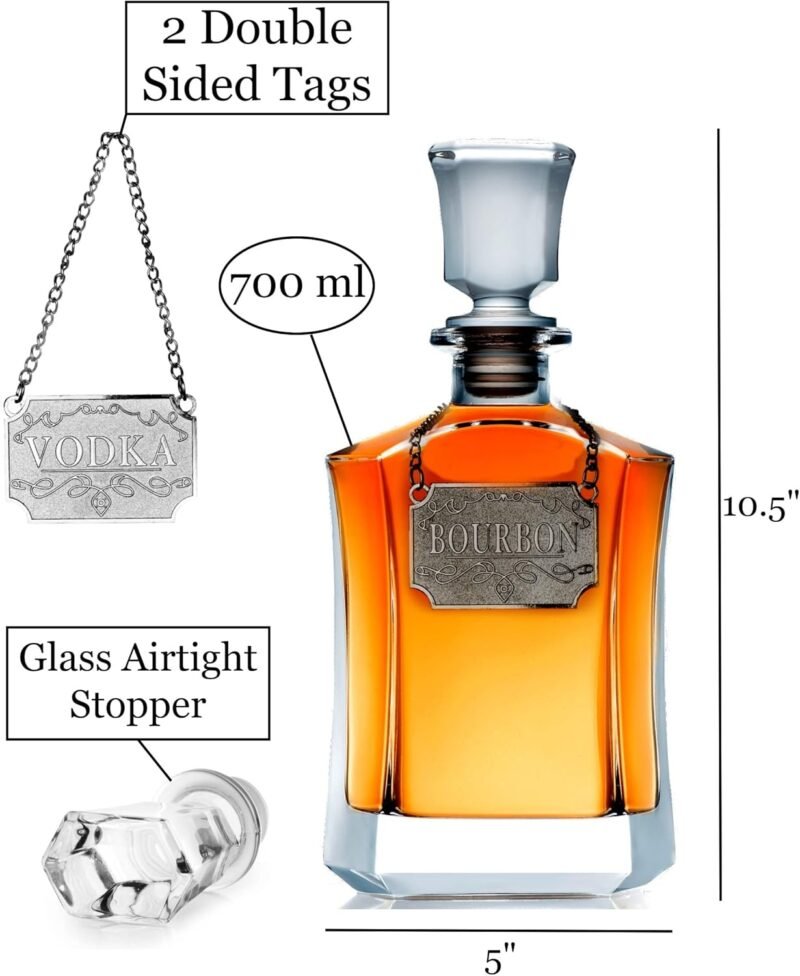 Whiskey Decanter With Label Tag - Bottle Metal Name Tags - Glass Airtight Stopper for Wine, Bourbon, Brandy, Juice, Water - Decanter Sets For Men Christmas Gifts for Dad Boyfriend Husband Him - 24 oz - Image 4