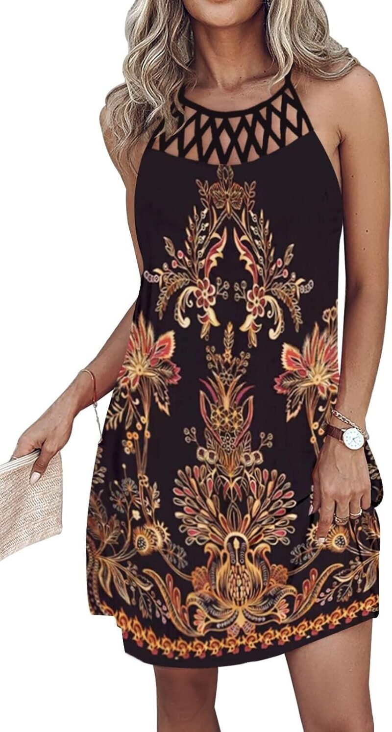 SAUKOLE Womens Summer Halter Neck Hollow Out Sleeveless Dress Floral Print Beach Boho Short Mini Sundresses - Image 2