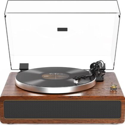 Turntable Record Player with Built-in Speakers, Vinyl Record Player Support Bluetooth Playback Auto Stop 33&45 RPM Speed RCA Line Out AUX in All-in-one Belt-Drive Turntable for Vinyl Records