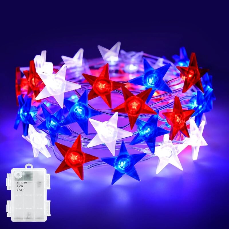4th of July Lights Battery Operated, Red White and Blue Lights with Timer Outdoor Waterproof, 13ft 40LED Patriotic Star String Lights for Memorial Day Presidents Day Independence Day
