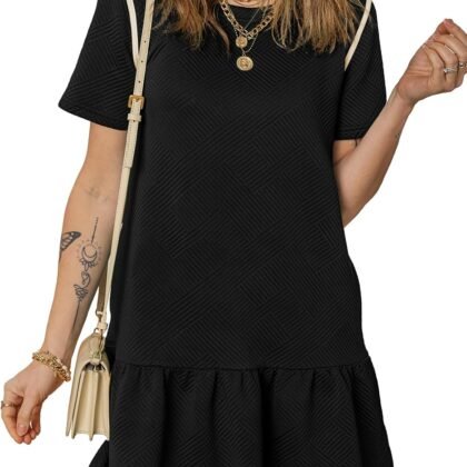 EVALESS Womens Summer Dresses 2025 Casual Crewneck Short Sleeve Textured Flowy Ruffle A-Line Swing Mini Dresses