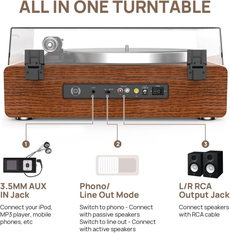 Turntable Record Player with Built-in Speakers, Vinyl Record Player Support Bluetooth Playback Auto Stop 33&45 RPM Speed RCA Line Out AUX in All-in-one Belt-Drive Turntable for Vinyl Records - Image 6