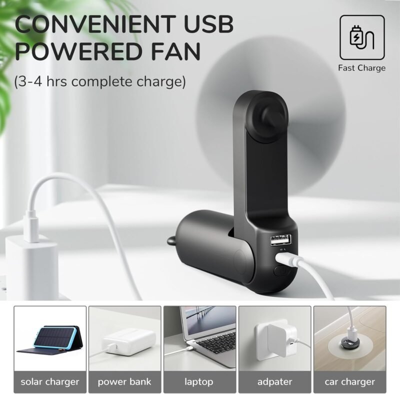 JISULIFE Handheld Fan with 4500 mAh Powerbank Max 37 Hours Runtime, Pocket Portable Battery Operated or USB Powered Folding Personal Fan, 3 Speeds, Gifts for Women Men Kids Gift for Festival-Black - Image 6